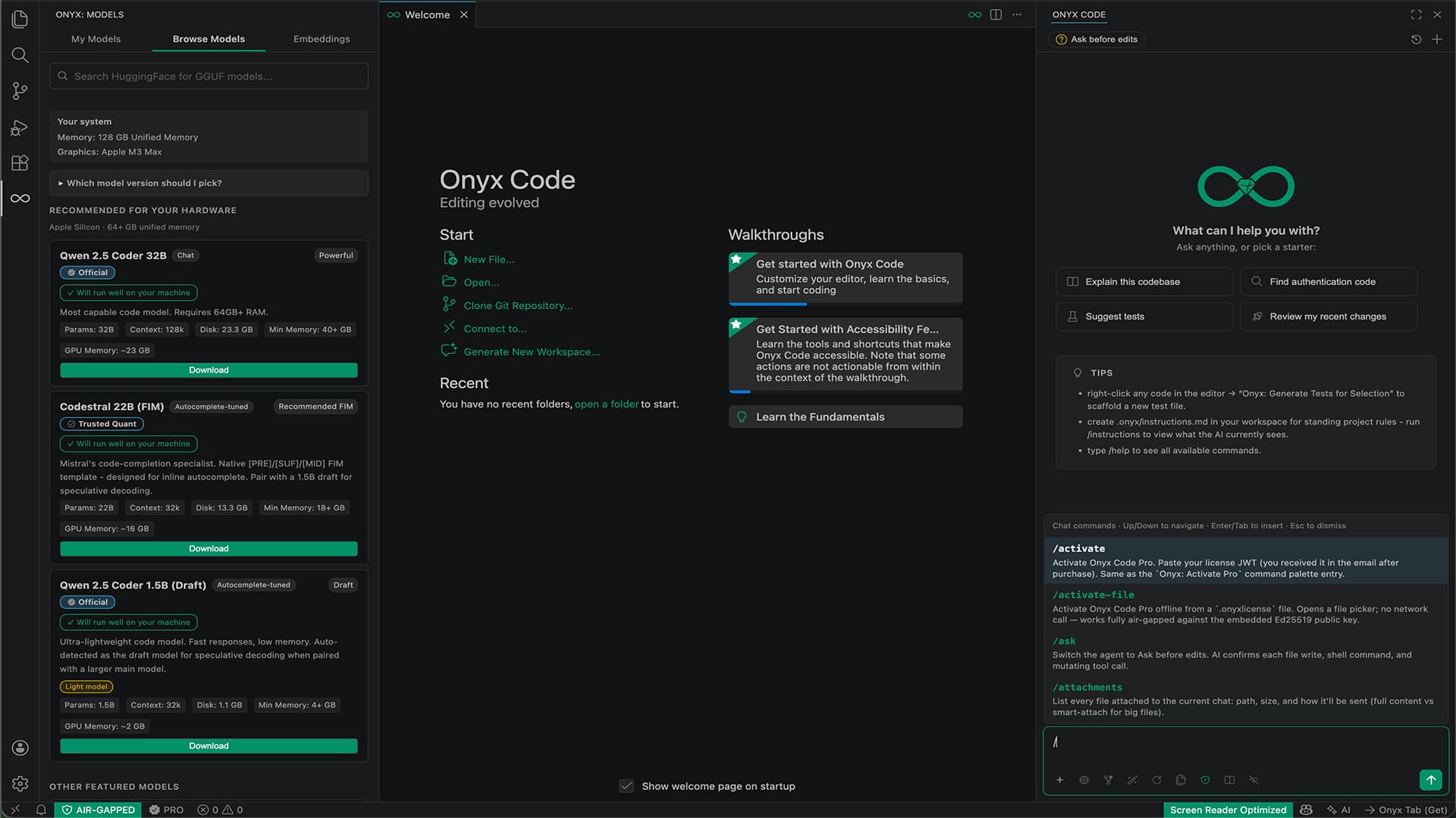 Onyx Code editor with codebase-aware chat